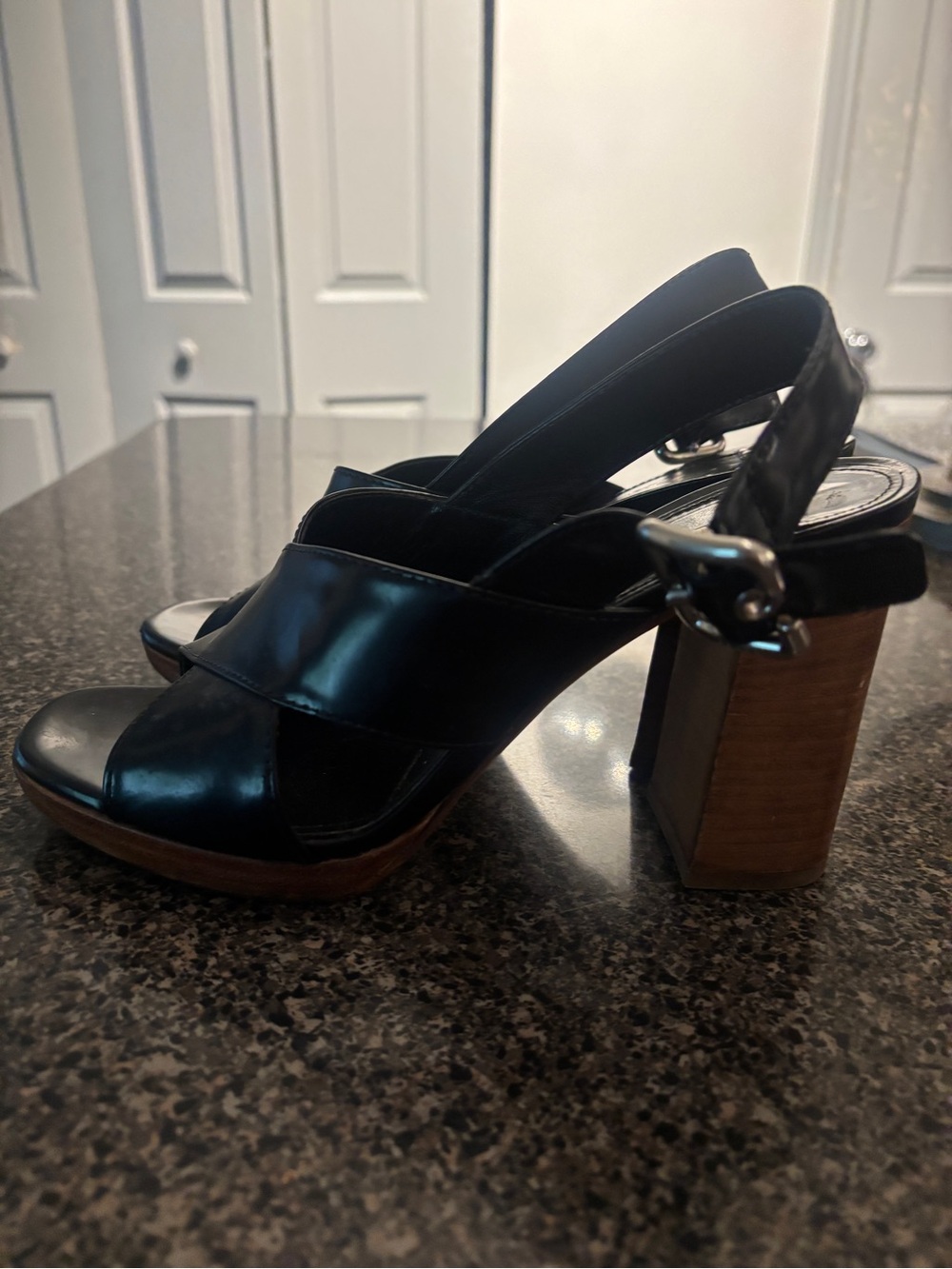 Prada Black Leather Slingback Platform Block Heels